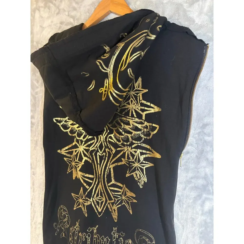 Vintage Y2K Men's Retribution Sleeveless‎ Full Zip Hoodie M Gold Rocker Glam